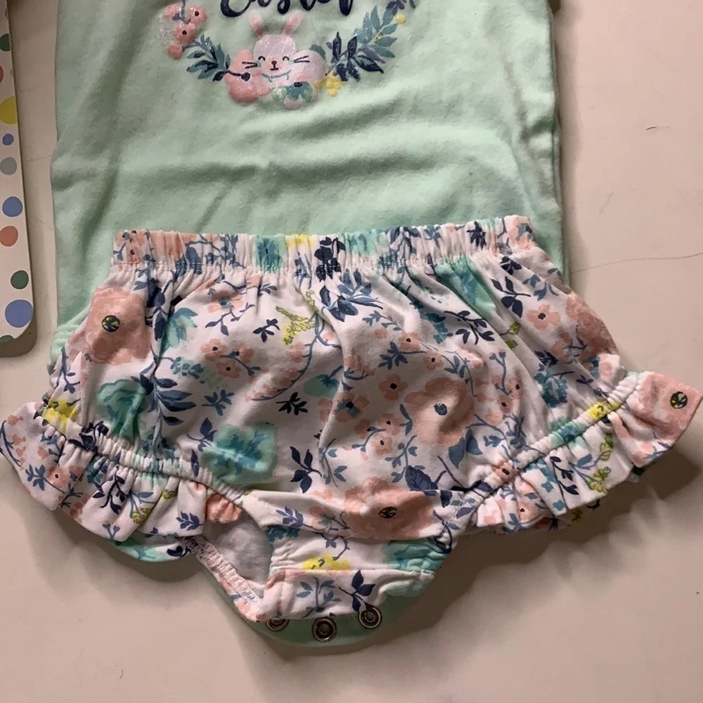 Easter 6 months Infant girl three piece set Ruffle bodysuit shoes slippers
